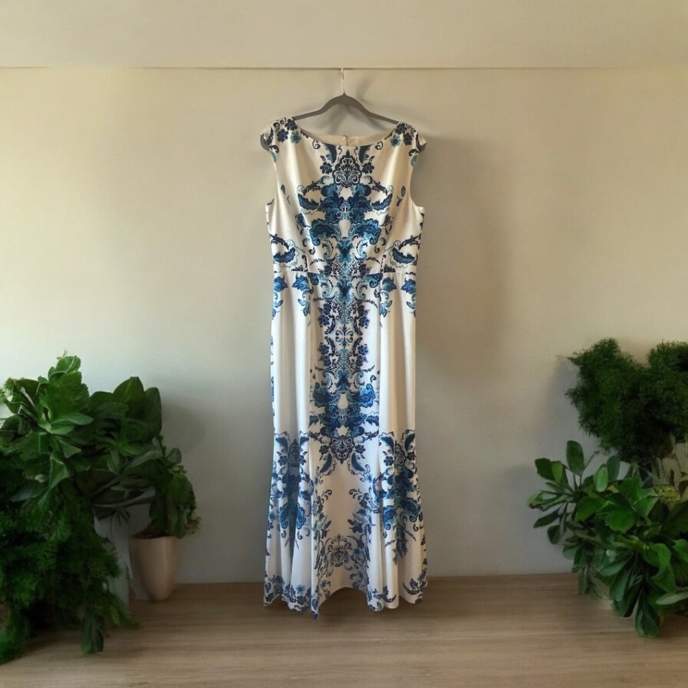 Eliza J cream blue floral dress perfect for wedding